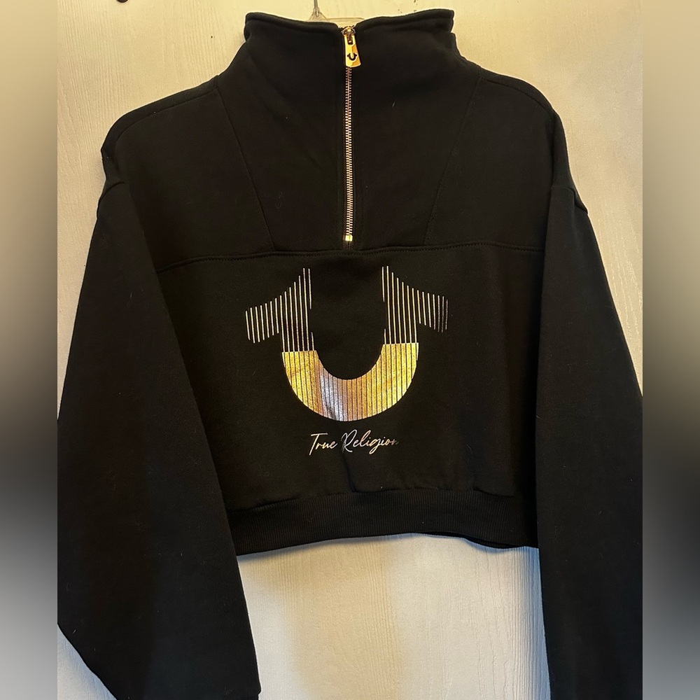 True Religion Black Cropped Quarter Zip Sweater